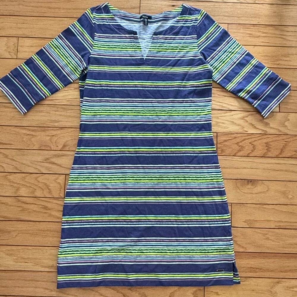 Hatley Women’s Striped Shift Dress Blue Lime Green 3/4 Sleeve Size M Resort Wear